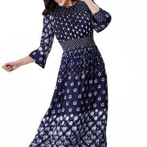 eShakti Floral Geo Print Crepe Smocked Dress